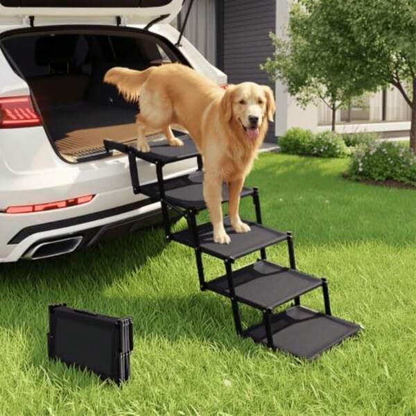 Foldable Dog Stairs For Large Dogs - Extra Wide Pet Ramp For Cars, SUV, Non-Slip Surface, Supports Up To 250 Lbs