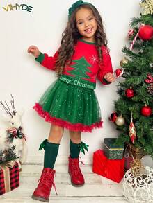 Vihyde Young Girls Christmas New Arrival 2 Pieces Outfit, Christmas Tree & Snowflake Print Long Sleeve Top & Star Sequin Tulle Ruffle Skirt Set - Red - View 1