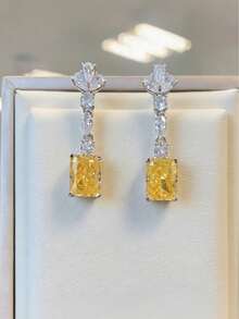 1 Pair Women's Yellow Square Drop Earrings, Luxurious And Elegant, Suitable For Weddings, Galas And Other Special Occasions (No Box Included) - Yellow - View 5