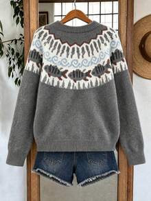 New Women's Mori Style Fun Fish Pattern & Fair Isle Pattern Mixed Yarn Loose Sweater, Suitable For College Style, Autumn/Winter, Commute, Mori Style, Graduation Party, Daily Wear And More - Grey - View 2