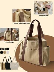 1pc Solid Color Versatile Tote Bag, Square Shape With Side Double Pockets, Contrast Color, Large Capacity Multi-Compartment Khaki Thickened Canvas Bag, Commute Storage Handbag Shoulder Bag, Student Work Shopping Canvas Bag - Multicolor - View 1