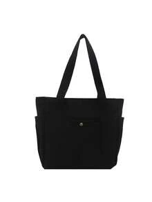 1pc Solid Color Versatile Tote Bag, Square Shape With Side Double Pockets, Contrast Color, Large Capacity Multi-Compartment Khaki Thickened Canvas Bag, Commute Storage Handbag Shoulder Bag, Student Work Shopping Canvas Bag - Multicolor - View 13