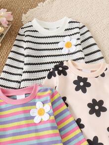 6pcs Baby Girl Spring/Autumn Set, 3D Flower Long Sleeve Top & Long Pants, Casual Home Base Layer, Multi-Color - Multicolor - View 6