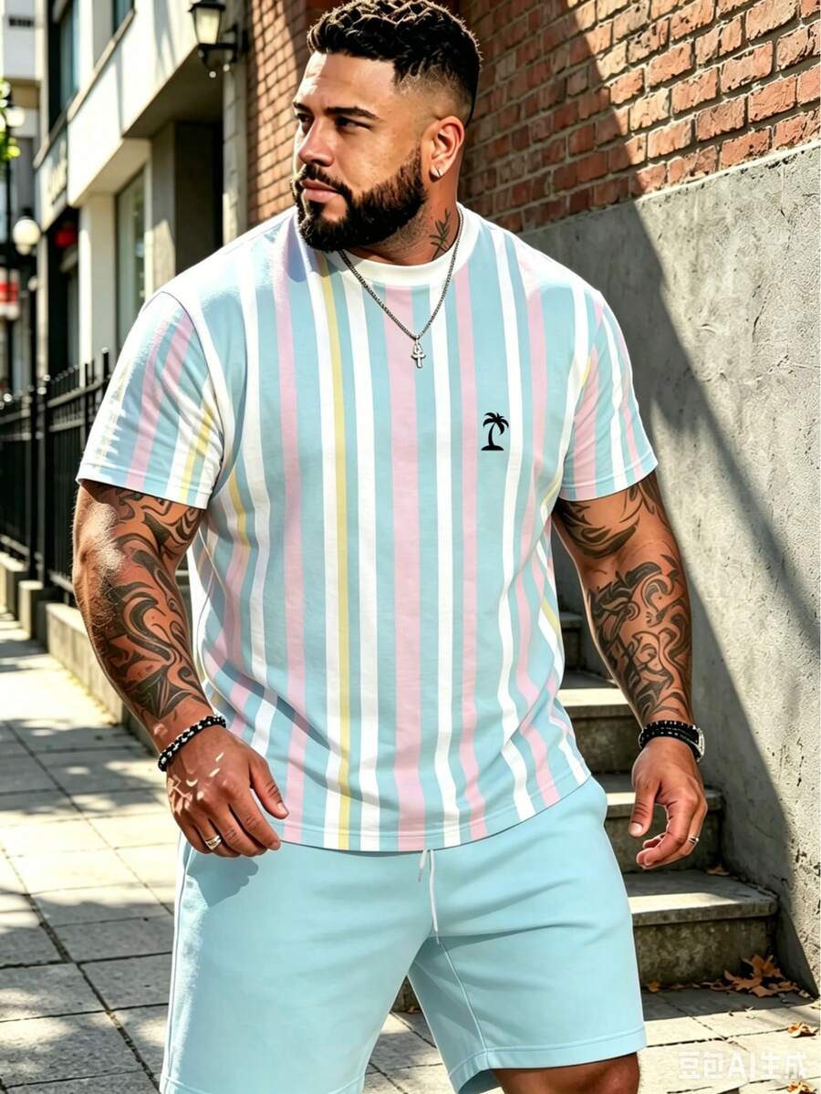 2pcs/Set Big & Tall Men's Mint Green Ombre Striped Outfit, Contrast Stripe Top + Matching Shorts, Fresh Summer Style Sports - Mint Green - View 1