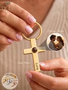 1pc Customized Cross Projection Keychain, Customized Colorful Photo Projection, Laser Engraved Name Or Date Stainless Steel Cross Keychain, Sentimental Religious Gift For Dad, Boyfriend, Symbol Of Faith And Love - Customized Cross Projection Keychain - View 2