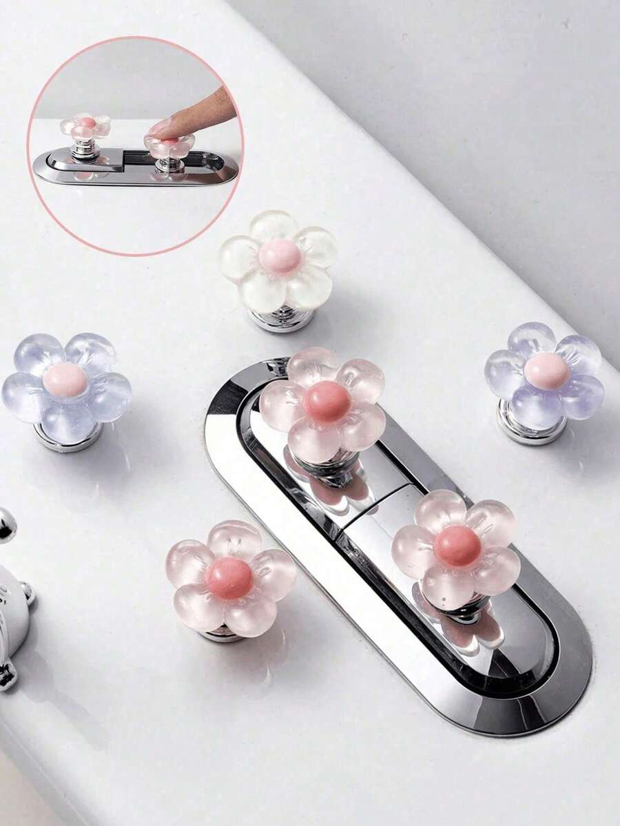 Floral Cartoon Toilet Flush Handle, Flower-Shaped Toilet Flush Button, Toilet Tank Button, Flower-Shaped Toilet Presser, Toilet Flush Button Push Rod Tool, Creative Flower Drawer Cabinet Handle, - Easy To Press, Fashionable Bathroom Accessory - Multiple Styles - View 1