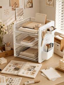 1 buah Organizer File Meja Multi-Layer, Rak Penyimpanan Dokumen Papan Berlubang yang Dapat Disesuaikan dengan Baki Tarik Transparan dan Tempat Pena Samping, Kotak Penyimpanan Alat Tulis, Buku, Perlengkapan Kantor, Cocok untuk Asrama Mahasiswa dan Kantor - MultiWarna - View 9