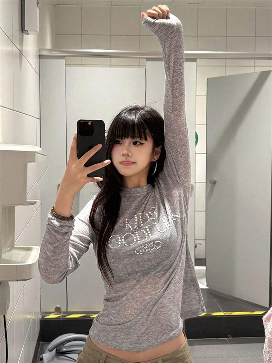 Women's American Style Pearl Rhinestone Long Sleeve T-Shirt, Slim Fit Thin Sun Protection Cover-Up, Summer Early Autumn - Grey - View 1