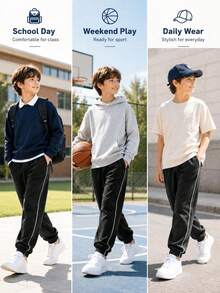 Young Boy Casual Minimalist Versatile Preppy Style Black Long Pants With Diagonal Pockets, Suitable For Vacation, Travel, Sports, School And Daily Wear - Black - View 7