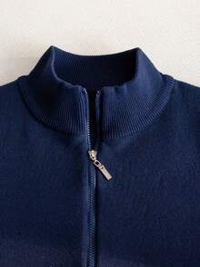 Tween Girl Casual Minimalist Solid Color Stand Collar Long Sleeve Double Zipper Knit Cardigan Sweater Jacket Suitable For Daily Casual Campus Outdoor Spring Autumn Winter - Navy Blue - View 4