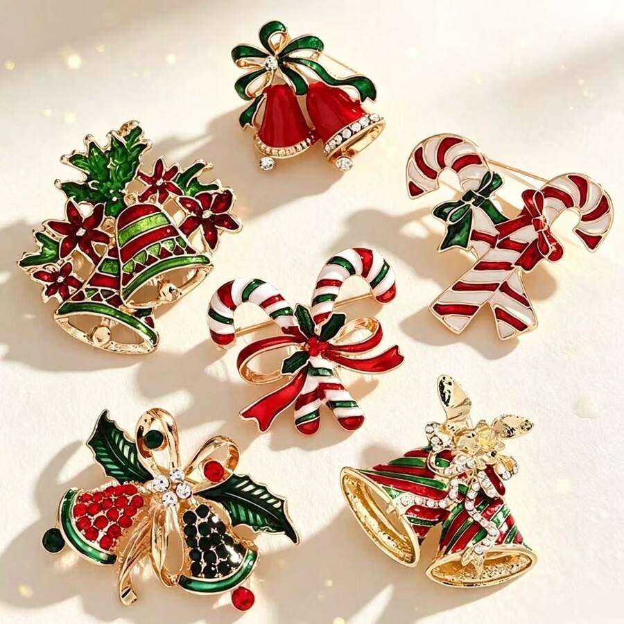 Christmas Alloy Enamel Brooch, Cute Bell And Candy Cane Shaped Pin, Holiday Suit And Sweater Accessory Gift - Multicolor - View 1