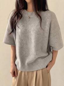 Light Gray Round Neck Short Sleeve Knit Sweater For Women, Loose Drop Shoulder Soft Short Sweater, Spring Summer Versatile Layering All-Match Inner Top - Light Grey - View 4