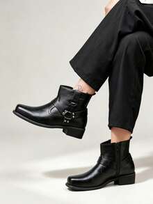 Classic Vintage Square Toe Men's Ankle Boots, Buckle Side Zipper Chunky Heel Boots, Holiday Commute Versatile Slimming Knight Boots - Black - View 3