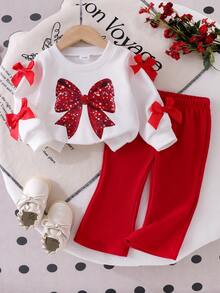 Baby Girl Sweet Academy Casual Style 2-Piece Set, Faux Sequin Large Bow Print Sleeve With Bow Decor Crew Neck Sweatshirt + Bright Red Flared Long Pants - Red - View 4