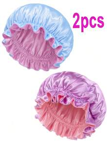 CONFLASS 2/1 Stück elegante atmungsaktive Satin-Schlafmütze, elastische Duschhaube, doppellagiger Rüschenrand, Damen-Seidensatin-Schlafmütze, Damen-Accessoire für die Schulanfang-Saison - Schwarz - Übersicht 12