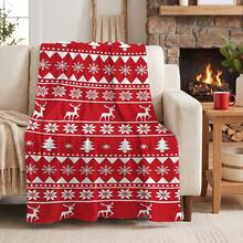 1pc Soft & Comfortable Modern Flannel Christmas Blue Background Nap Blanket - Christmas Tree, Deer, Snowflake, Snowman - Polyester Nap Blanket - Digital Printing Process, Suitable For Sofa, Bed, Travel, Office Home Decor - Multicolor - View 1