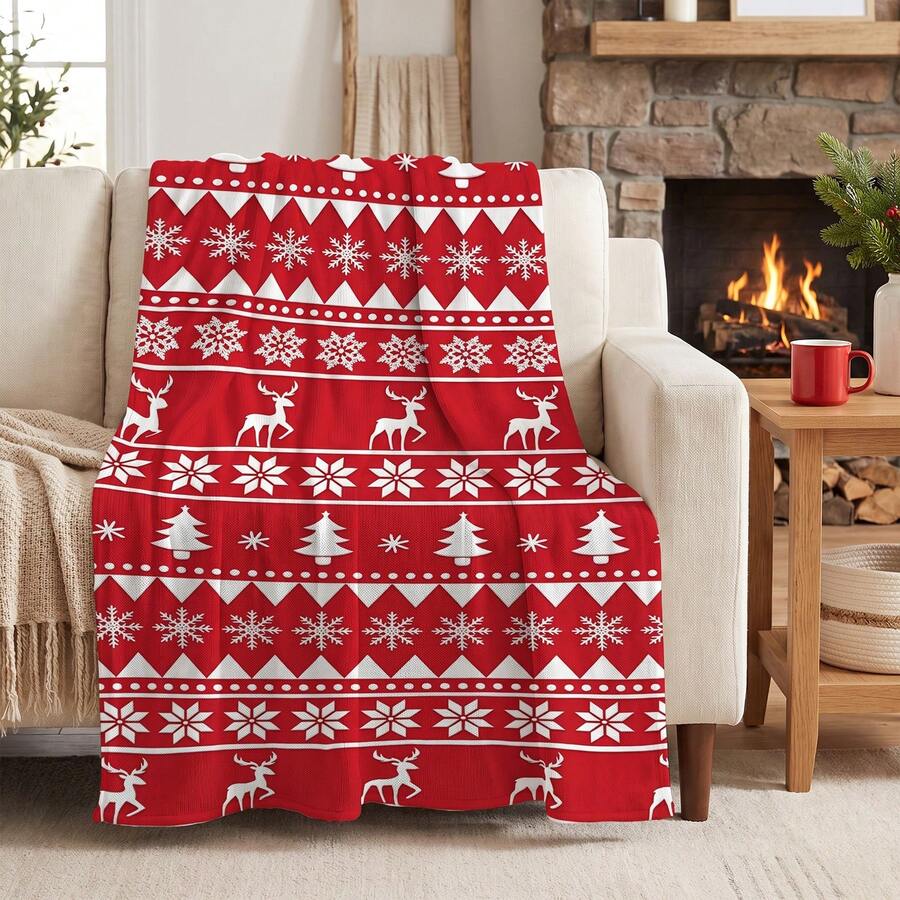 1pc Soft & Comfortable Modern Flannel Christmas Blue Background Nap Blanket - Christmas Tree, Deer, Snowflake, Snowman - Polyester Nap Blanket - Digital Printing Process, Suitable For Sofa, Bed, Travel, Office Home Decor - Multicolor - View 1