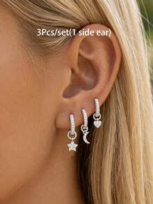 Juego de 3 piezas de pendientes de aro huggie colgantes con estrella, luna y corazón chapados en oro, con encantos de circonita cúbica brillante, joyería de oreja multi-perforación apilable para mujer - 3 piezas/juego (1 oreja lateral) - Ver 4