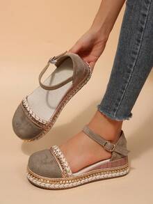 Bohemian Woven Closed-Toe Sandals For Women, Vintage Rivet Hemp Rope Thick Sole Back Strap Casual Beach Shoes - Khaki - View 4