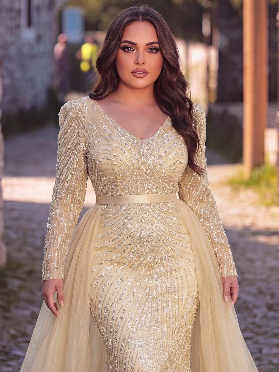 Plus Size Elaborate Long Sleeve Sequin Formal Dress With Deep V Neck And Mesh Train For Prom & Gala