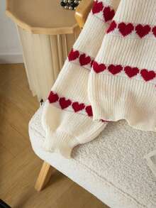 Soft Red & White Heart Jacquard Pullover Knit Sweater, Handmade Bow Tie Loose Lantern Sleeve Faux Cardigan Design Soft Fluffy Sweater Top - Apricot - View 6