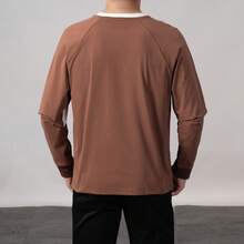 ZYNTH BALENO Kaos Pria Lengan Panjang Raglan Longgar dengan Kerah Bulat dan Motif Patchwork, Cocok untuk Gym, Lari, dan Mendaki. - Coklat - View 3