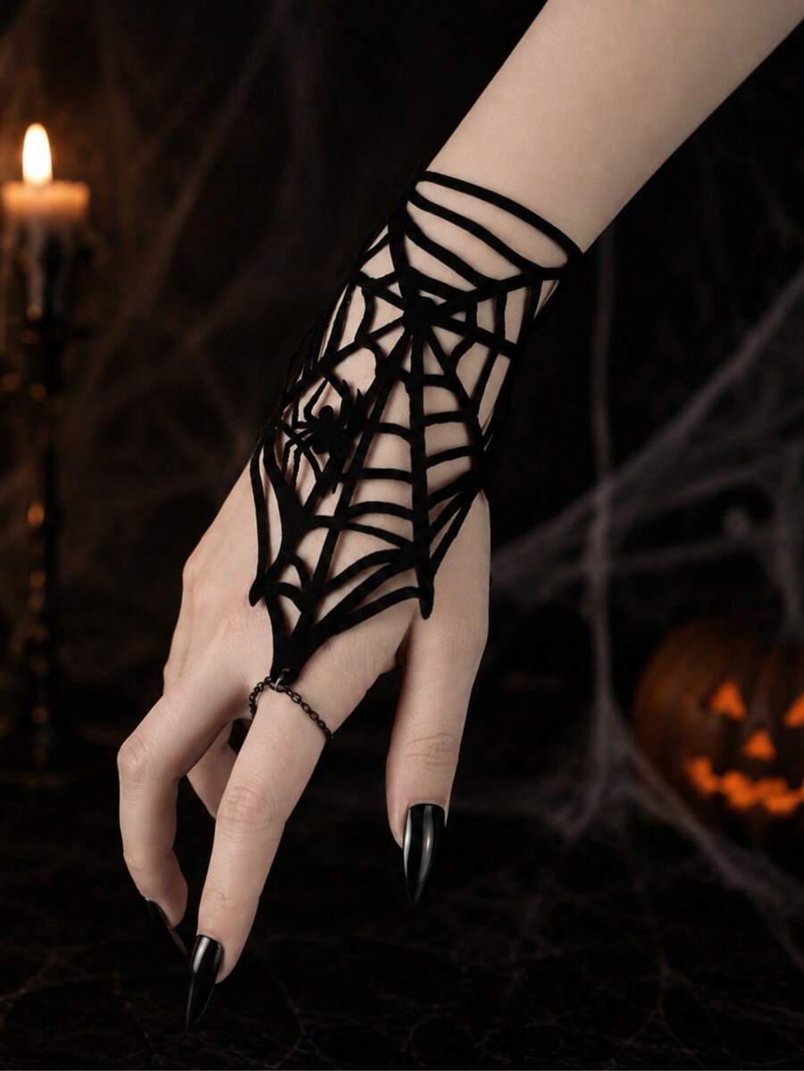 1 chiếc vòng tay không ngón phong cách Gothic tối màu họa tiết mạng nhện cho nữ, phù hợp mặc đi tiệc Halloween và tụ họp - màu đen - Xem 1