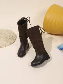 1 Pair Vintage Pleated Suede PU Lined Low Heel Mid-Calf Boots, Girls' Style, Fashionable And Versatile, Suitable For Autumn/Winter Wear - Brown - View 5