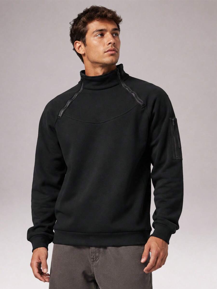 CZRLHYT Pullover Rajut Fleece Pria, Atasan Rajut Warna Polos, Pullover dengan Resleting Seperempat, Atasan Lengan Panjang - Hitam - View 1