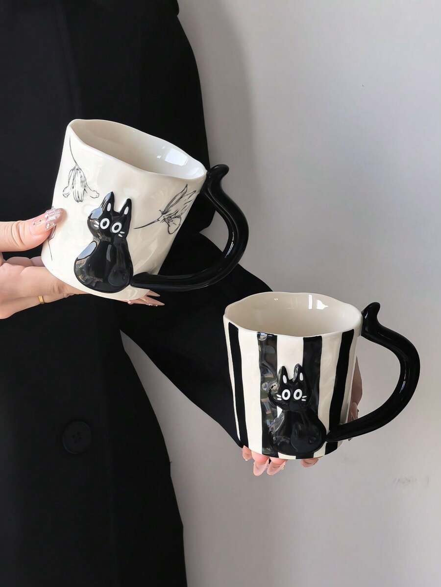 1pc Creative Black Cat Coffee Mug, Korean Ins Style Highly Attractive Handmade Art Mug, Cartoon Cute Style, Perfect Gift For Giving, Exquisite And Interesting Cup