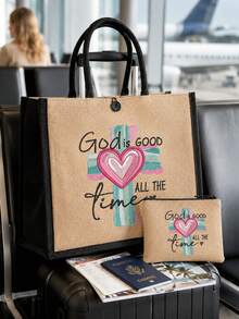 亞麻托特包套組，印有「GOD IS GOOD」2D印花大號購物托特包與配套拉鍊化妝包，靈感聖經經文花卉圖案，寬敞大容量托特包適合裝書本、雜貨和日常用品；拉鍊包可收納化妝品、筆、鑰匙和小個人物品，非常適合教會活動、日常購物、學校通勤和週末旅行，生日與喬遷禮物送給女性，返校季、教師節禮物 - 彩色 - 查看 5