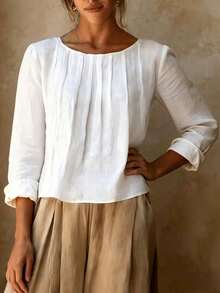 Women's Elegant Pleated Long Sleeve Blouse, Regular Fit Solid Color Top, Suitable For Spring And Autumn Wear, Vintage Style Regular Hem Top - White - View 4