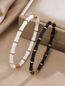 5 pièces/1 pièce Bracelet en acier inoxydable minimaliste avec joint en bambou et goutte d'huile colorée, convient pour le port quotidien et les fêtes des femmes - Multicolore - Voir 3