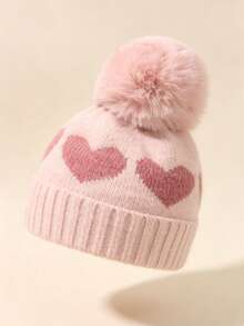 1pc Baby Girl Newborn Toddler Pom-Pom Heart Beanie Hat Earflap Hat,Cozy Knit Winter Warm Heart Cute Hat For Kids, Outdoor Baby Accessories Bonnet - Multicolor - View 10