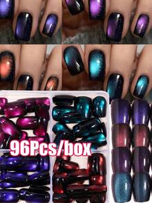 96pcs/Box Short Square Glossy Cat Eye Press-On Nails, Deep Red/Purple/Green/Blue Cat Eye Mixed Color Full Coverage Square Cat Eye Nail Stickers - Multicolor - View 3