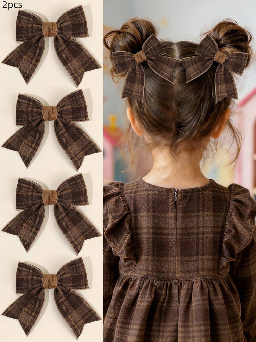 2pcs Brown Bow Hair Clips For Girls,Fabric Brown Plaid Pattern Decor Hair Bows For Girls,Fashion Fall Hair Accessories For Girls Autumn Gifts - Brown - View 1
