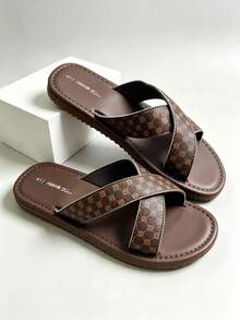 Men's Luxury Geometric Print PU Leather Sandals, Soft Anti-Slip Thick Sole, Hollow Detail Breathable Open Toe Flat Slippers, Lightweight Durable Flip Flops For All-Day Wear, Fashionable Versatile Cross Roman Sandals, Suitable For Summer, Home, Outdoor, Office, Vacation, Men's Anti-Slip Casual Sandals, Dual-Color Luxury Design (Brown / Black) Fits All Outfits, Perfect Choice For Summer And Casual Travel - Brown - View 3