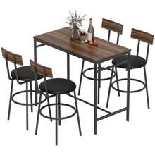 5-Piece Bar Table Set With 4 Chairs, Industrial Design, For Kitchen, Dining Room, Wood, Steel, Brown - 棕色 - 查看 1