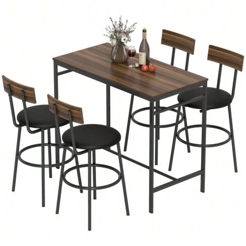 5-Piece Bar Table Set With 4 Chairs, Industrial Design, For Kitchen, Dining Room, Wood, Steel, Brown - 棕色 - 查看 1