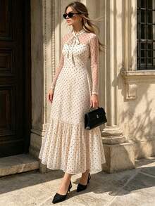 Rok Panjang Sedang dengan Leher Bulat dan Lengan Mengembang, Gaun Lengan Panjang Model A-Line Berenda Elegan dengan Motif Polkadot, Pakaian Sehari-hari yang Lembut untuk Wanita di Musim Semi dan Gugur. - Aprikot - View 2
