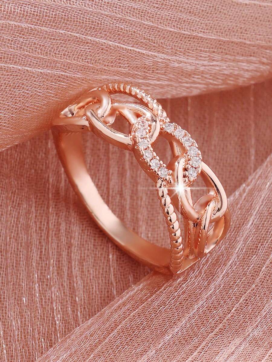 1pc Elegant Creative Interlocking Chain Design Ring With Synthetic Zirconia, Suitable For Daily Wear, Party, Birthday, Gift, Anniversary, Valentine's Day - Rose Gold - View 1