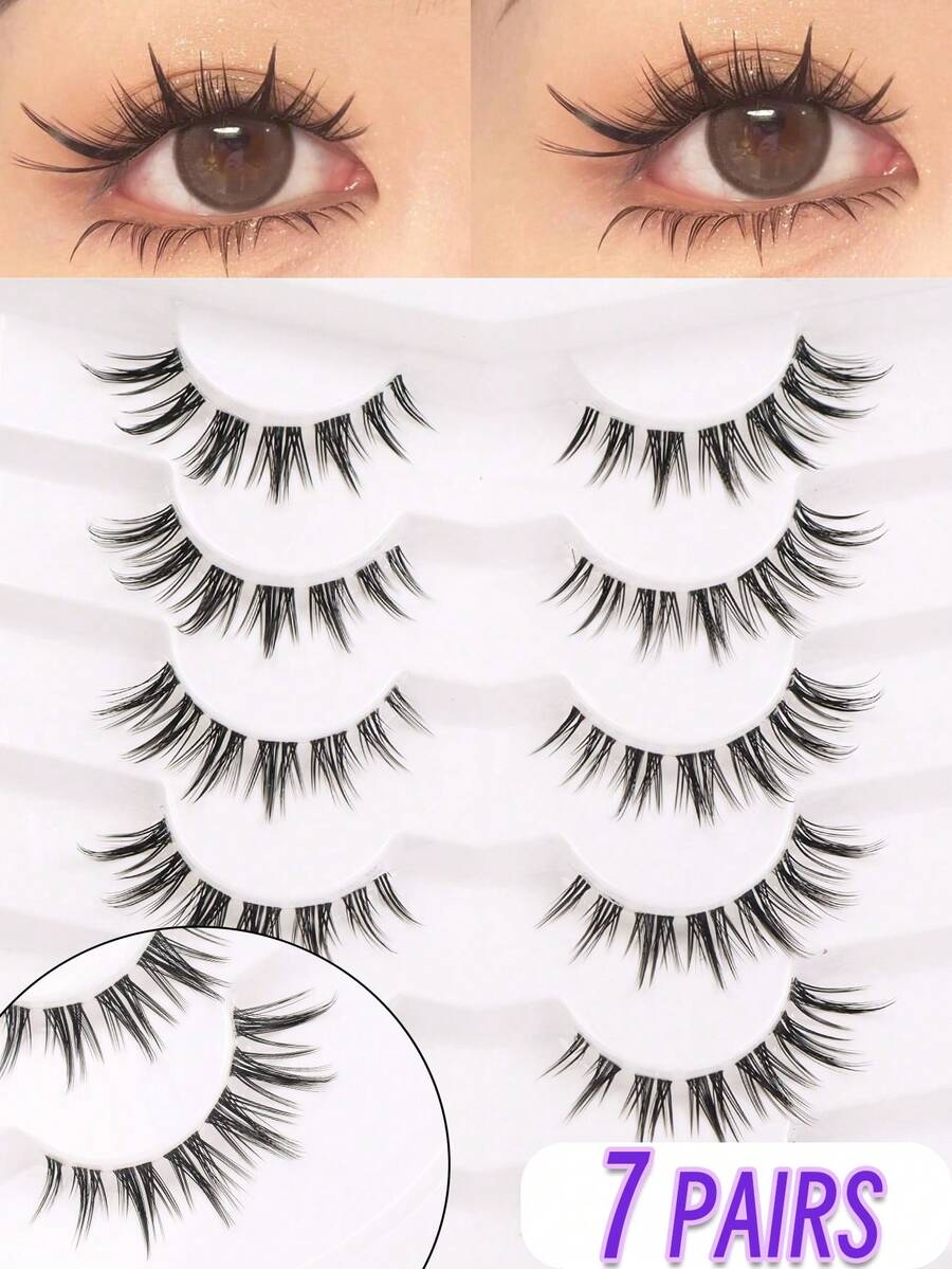 7 Pairs Manga Invisible Band Segmented Lashes 3D Clear Band Lashes Natural Look Wispy Mink Eyelashes Cosplay Manga Cat Eye Lashes - Black - View 1