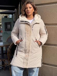 Plus Size Patchwork Long Hooded Padded Coat - Beige - View 3