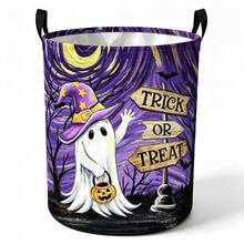 1件裝萬聖節 Trick Or Treat 幽靈印花洗衣籃，可折疊圓形布製收納籃，雙手柄設計，多功能衣物雜物收納籃，適用臥室、浴室、居家裝飾 - 淡紫色 - 查看 7