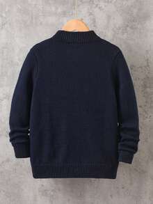 Boys' Stand Collar Zip-Up Cardigan Long Sleeve Knit Sweater With 3D Cable Texture, Casual Versatile Knit Jacket For School Daily Wear, Autumn/Winter - Navy Blue - View 3