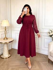 Gaun Tunik Burgundy Ukuran Plus Wanita dengan Lengan Panjang Bordir, Gaun Formal Musim Gugur Panjang Midi Model A-Line - Merah - View 1