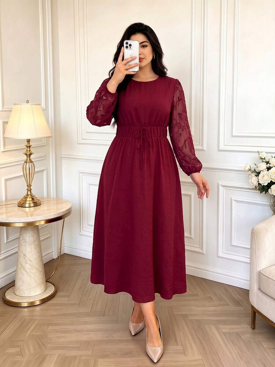 Gaun Tunik Burgundy Ukuran Plus Wanita dengan Lengan Panjang Bordir, Gaun Formal Musim Gugur Panjang Midi Model A-Line - Merah - View 1