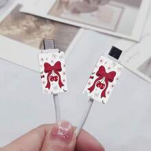3pcs Cherry Red Ribbon Pattern Data Cable Protector, Compatible With IPhone 20W/18W Charger - Multicolor - View 2