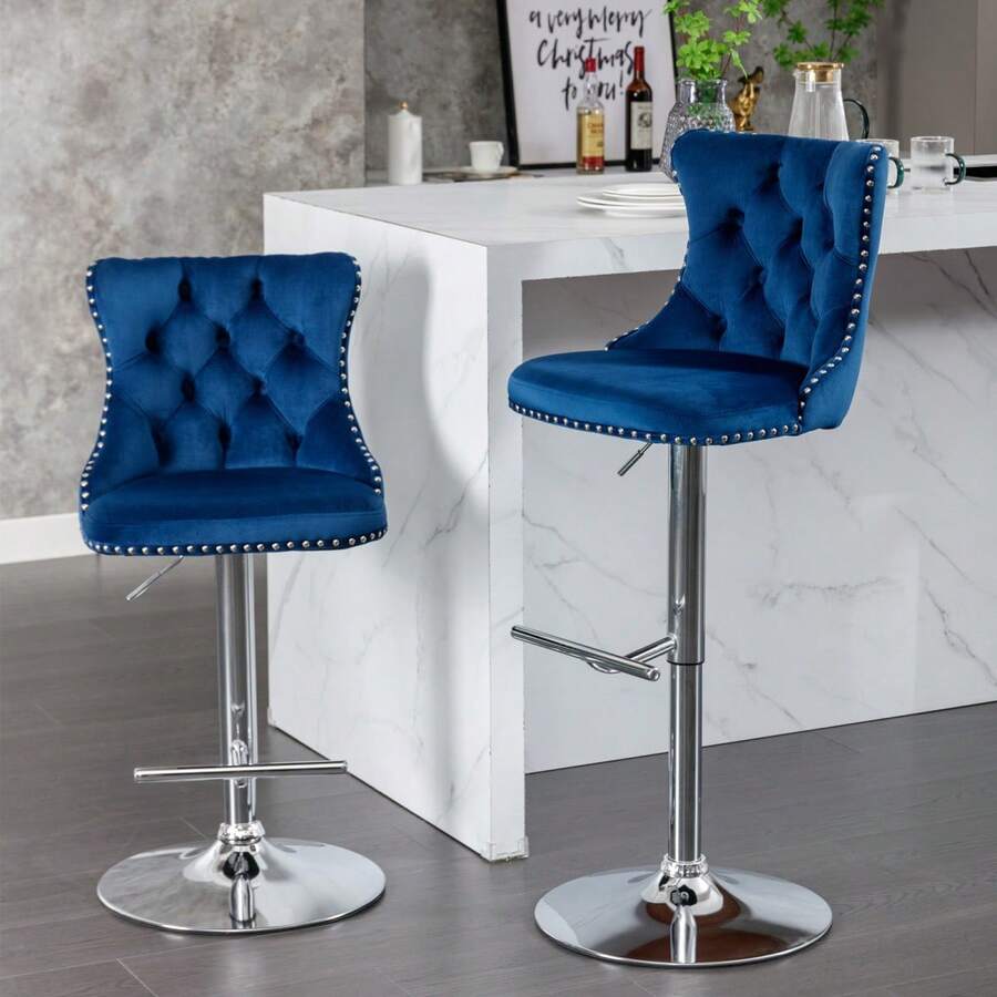 Barhocker - Blau + Samt + Schaumstoff - Übersicht 1