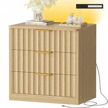 Nightstand Set Of 2 With 3 Drawers, Modern Bedside Table With Charging Station And LED Lighting, Fluted Bed Side End Table With Metal Handles, LED Nightstand For Bedroom, Living Room, Office - Natural - View 10